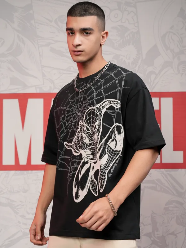 Marvel By Highlander Men Black Spider-Man Printed Round Neck Oversized Fit T-Shirt