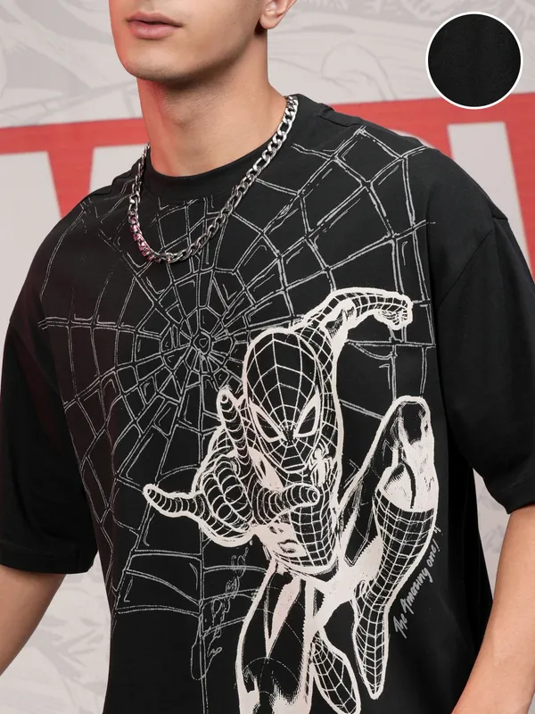 Marvel By Highlander Men Black Spider-Man Printed Round Neck Oversized Fit T-Shirt