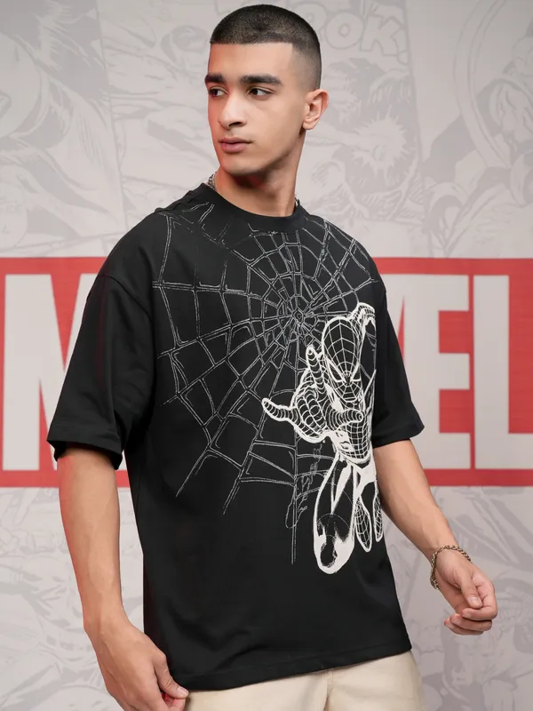 Marvel By Highlander Men Black Spider-Man Printed Round Neck Oversized Fit T-Shirt
