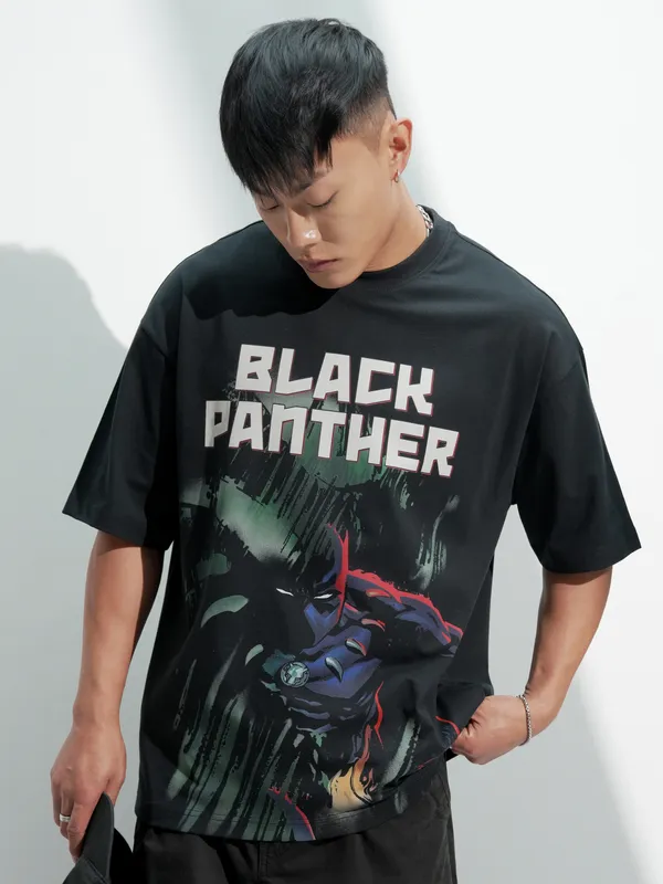 Marvel By Highlander Men Black Black Panther Printed Round Neck Oversized Fit T-Shirt