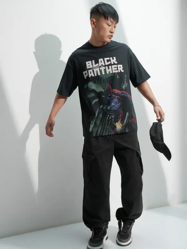 Marvel By Highlander Men Black Black Panther Printed Round Neck Oversized Fit T-Shirt