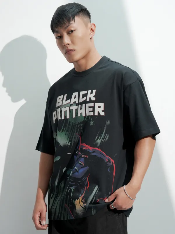 Marvel By Highlander Men Black Black Panther Printed Round Neck Oversized Fit T-Shirt