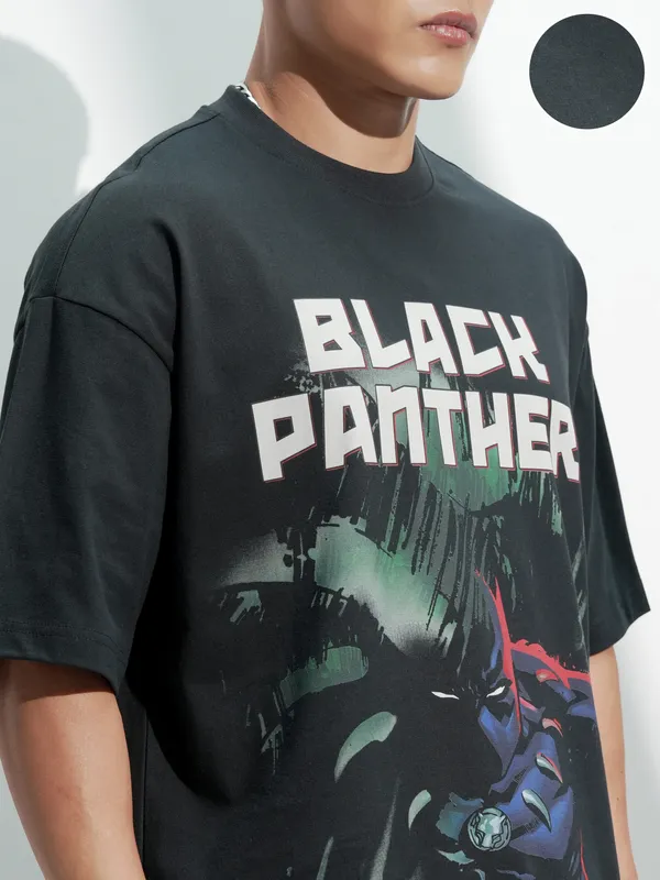 Marvel By Highlander Men Black Black Panther Printed Round Neck Oversized Fit T-Shirt
