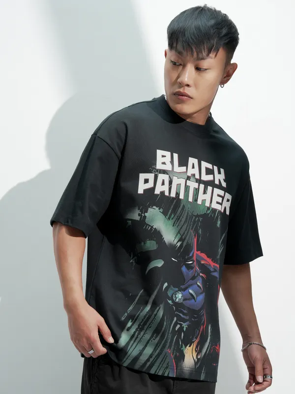 Marvel By Highlander Men Black Black Panther Printed Round Neck Oversized Fit T-Shirt