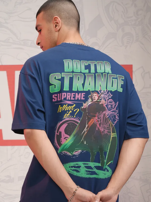 Marvel By Highlander Men Navy Blue Doctor Strange Printed Oversized Fit T-Shirt