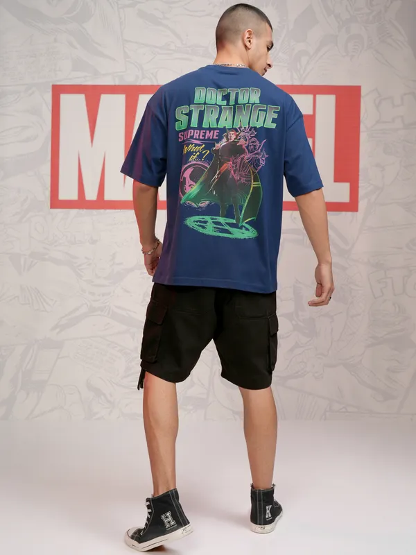 Marvel By Highlander Men Navy Blue Doctor Strange Printed Oversized Fit T-Shirt