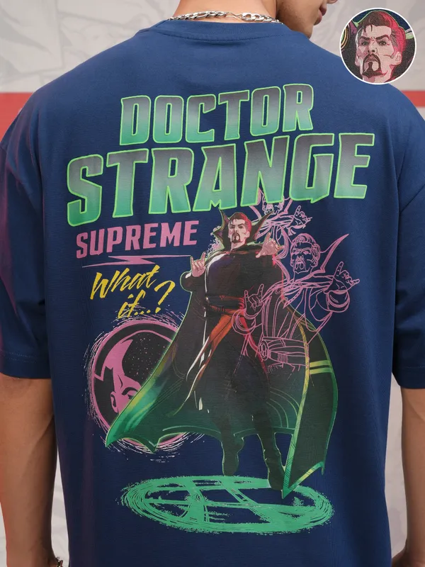 Marvel By Highlander Men Navy Blue Doctor Strange Printed Oversized Fit T-Shirt