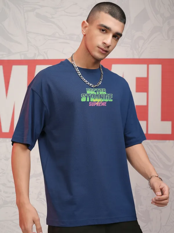 Marvel By Highlander Men Navy Blue Doctor Strange Printed Oversized Fit T-Shirt