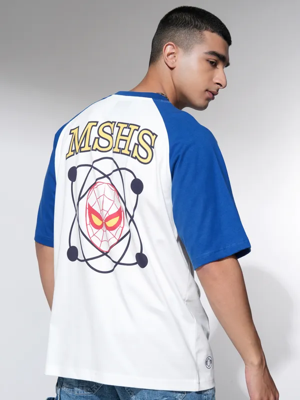 Marvel By Highlander Men Off White Spider-Man Printed Round Neck Oversized Fit T-Shirt