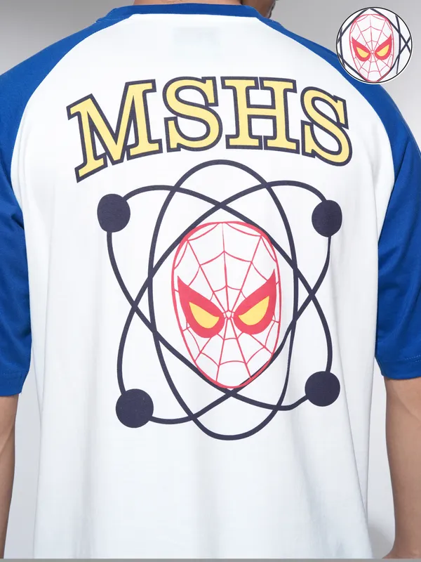 Marvel By Highlander Men Off White Spider-Man Printed Round Neck Oversized Fit T-Shirt