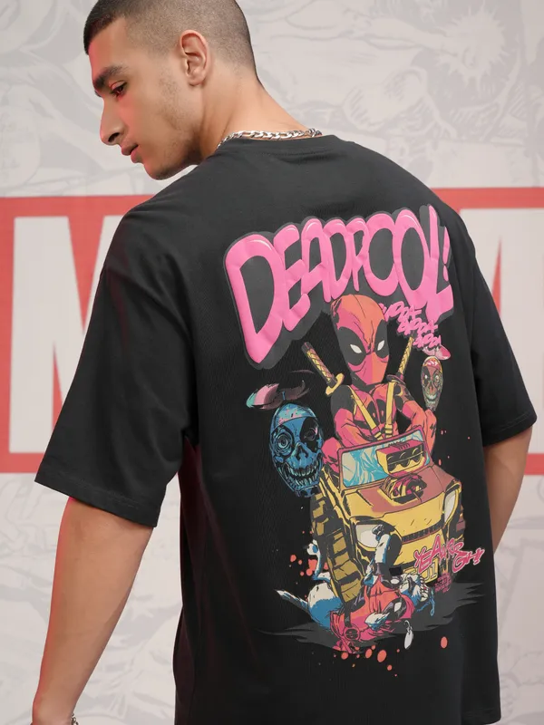 Marvel By Highlander Men Black Deadpool Printed Round Neck Oversized Fit T-Shirt