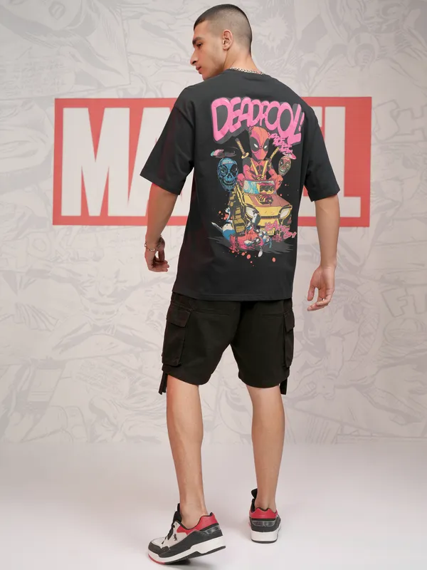 Marvel By Highlander Men Black Deadpool Printed Round Neck Oversized Fit T-Shirt
