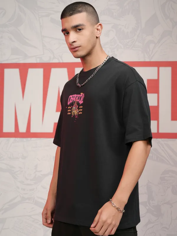 Marvel By Highlander Men Black Deadpool Printed Round Neck Oversized Fit T-Shirt