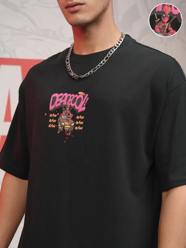Marvel By Highlander Men Black Deadpool Printed Round Neck Oversized Fit T-Shirt