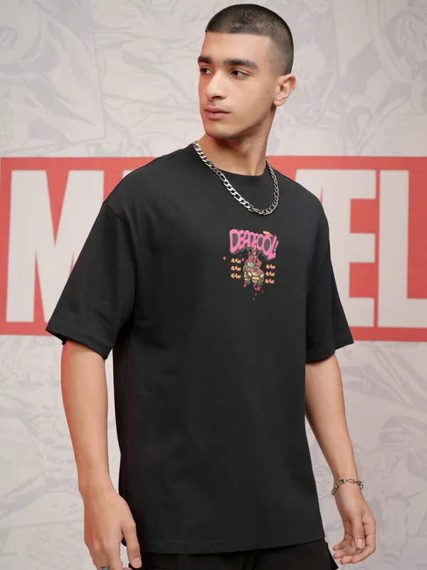 Marvel By Highlander Men Black Deadpool Printed Round Neck Oversized Fit T-Shirt