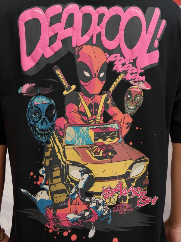 Marvel By Highlander Men Black Deadpool Printed Round Neck Oversized Fit T-Shirt