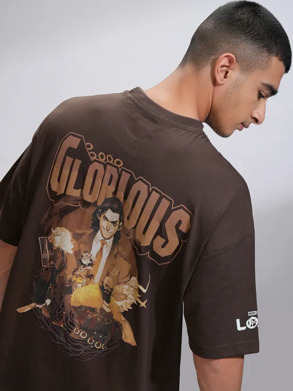 Marvel By Highlander Men Brown Loki Printed Round Neck Oversized Fit T-Shirt