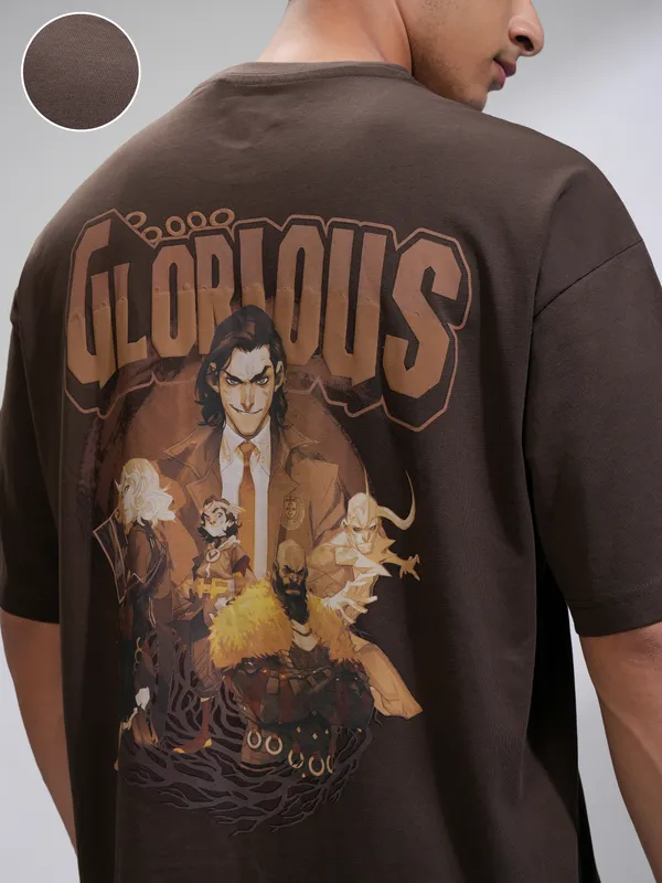 Marvel By Highlander Men Brown Loki Printed Round Neck Oversized Fit T-Shirt