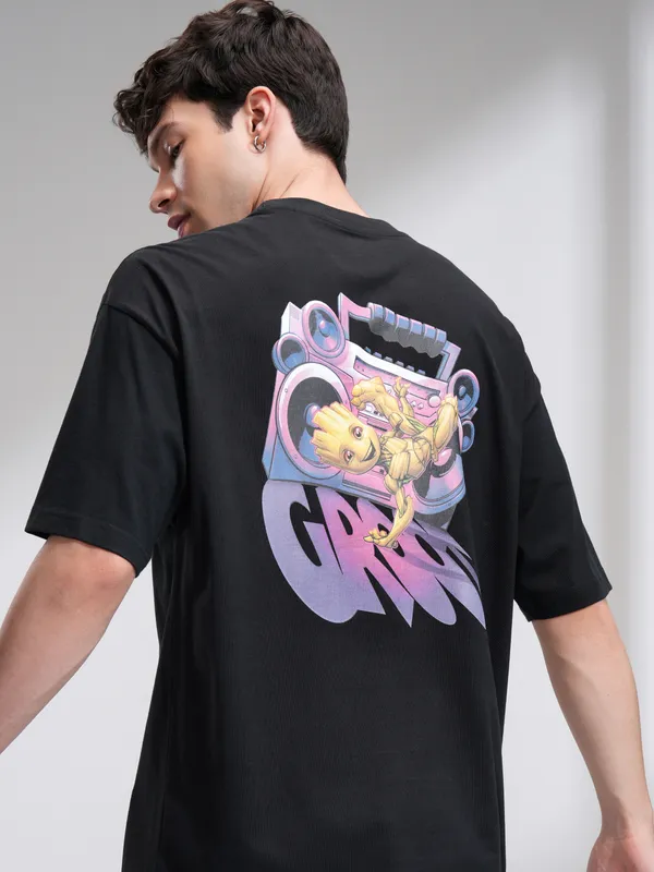 Marvel By Highlander Men Black Groot Printed Round Neck Oversized Fit T-Shirt