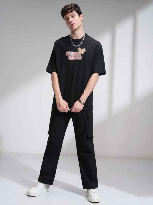 Marvel By Highlander Men Black Groot Printed Round Neck Oversized Fit T-Shirt