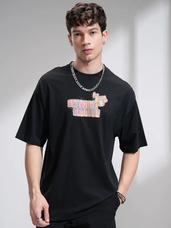 Marvel By Highlander Men Black Groot Printed Round Neck Oversized Fit T-Shirt