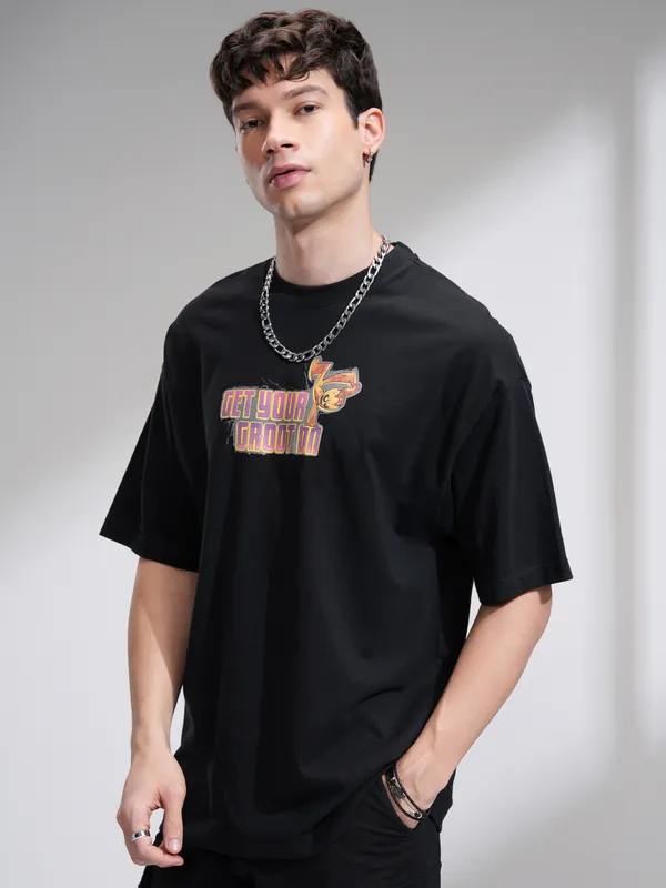 Marvel By Highlander Men Black Groot Printed Round Neck Oversized Fit T-Shirt