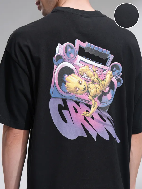 Marvel By Highlander Men Black Groot Printed Round Neck Oversized Fit T-Shirt