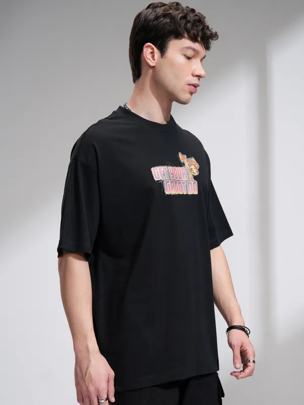 Marvel By Highlander Men Black Groot Printed Round Neck Oversized Fit T-Shirt