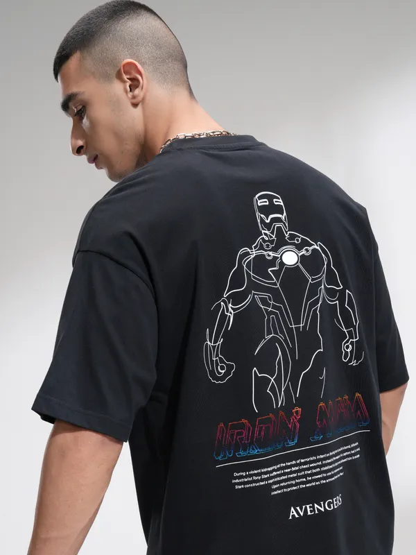 Marvel By Highlander Men Black Iron Man Printed Round Neck Oversized Fit T-Shirt