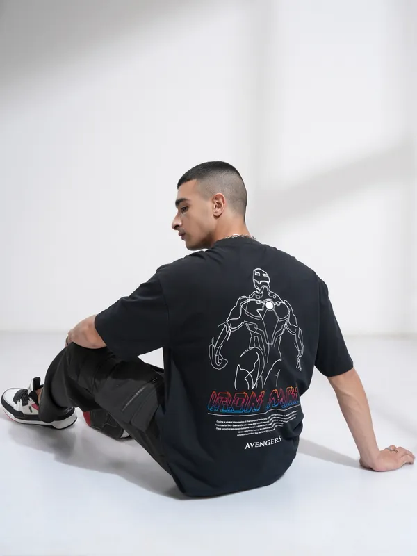 Marvel By Highlander Men Black Iron Man Printed Round Neck Oversized Fit T-Shirt