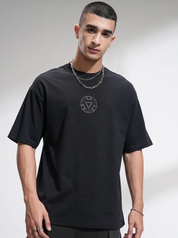 Marvel By Highlander Men Black Iron Man Printed Round Neck Oversized Fit T-Shirt