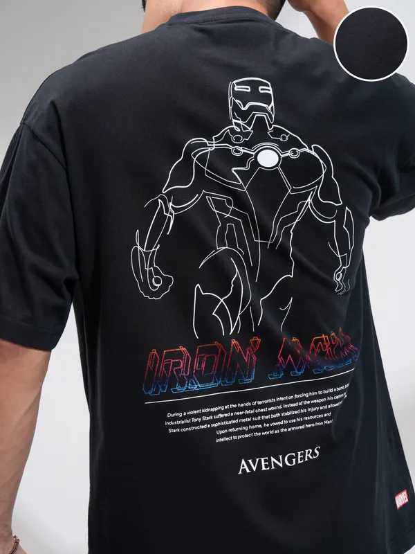 Marvel By Highlander Men Black Iron Man Printed Round Neck Oversized Fit T-Shirt