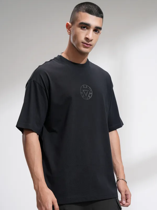 Marvel By Highlander Men Black Iron Man Printed Round Neck Oversized Fit T-Shirt