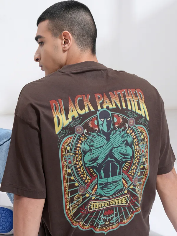 Marvel By Highlander Men Brown Black Panther Printed Round Neck Oversized Fit T-Shirt