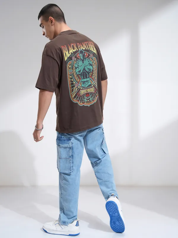 Marvel By Highlander Men Brown Black Panther Printed Round Neck Oversized Fit T-Shirt