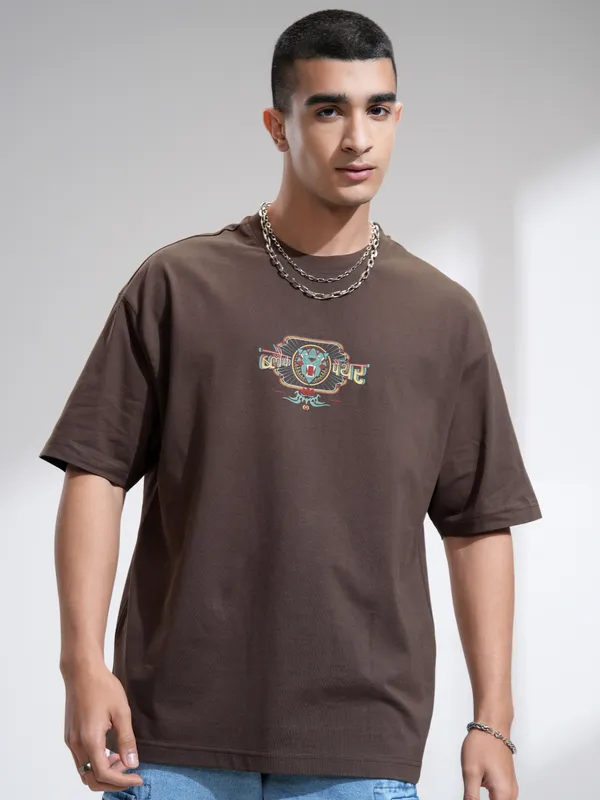 Marvel By Highlander Men Brown Black Panther Printed Round Neck Oversized Fit T-Shirt