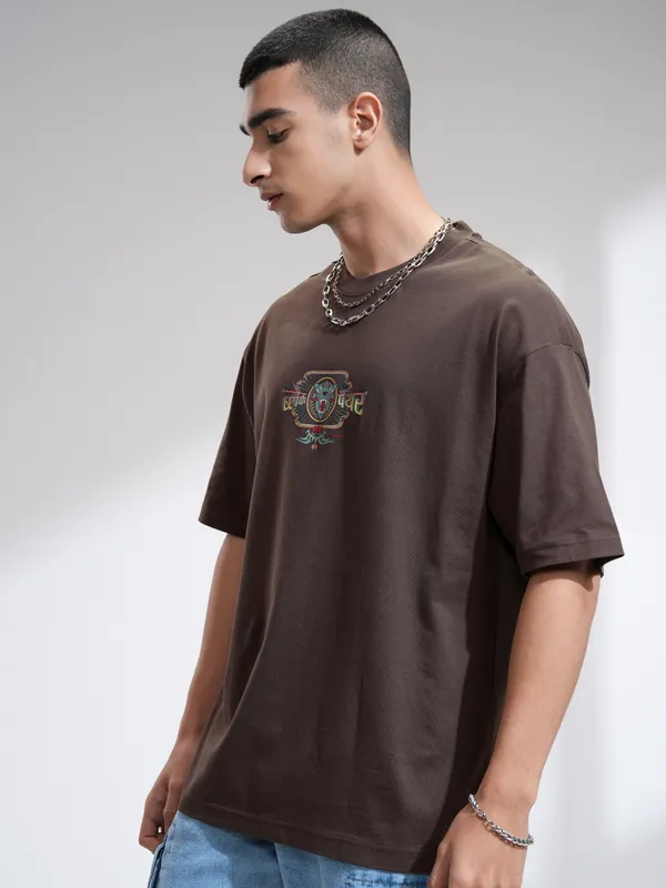 Marvel By Highlander Men Brown Black Panther Printed Round Neck Oversized Fit T-Shirt