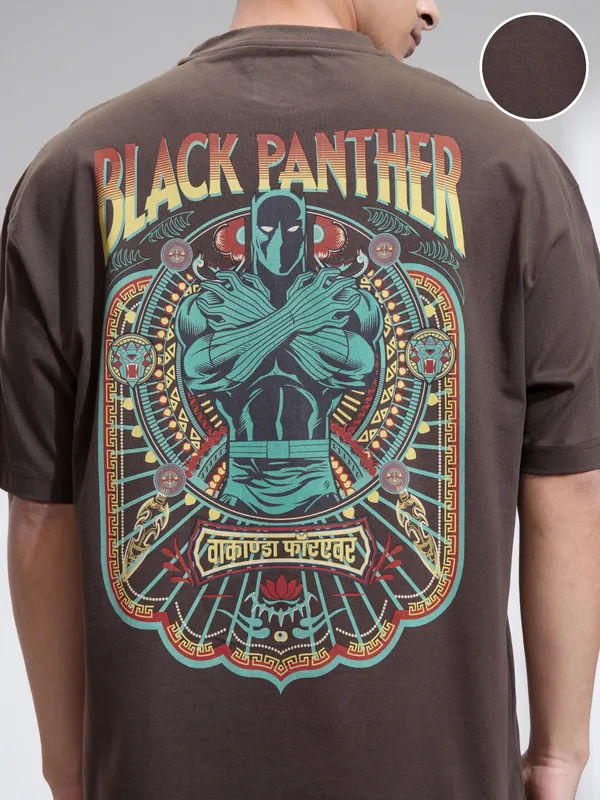 Marvel By Highlander Men Brown Black Panther Printed Round Neck Oversized Fit T-Shirt