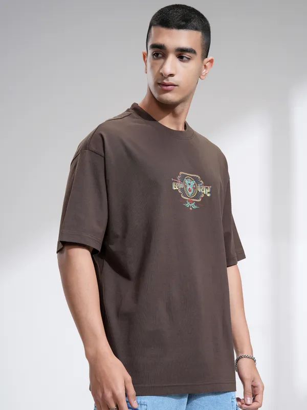 Marvel By Highlander Men Brown Black Panther Printed Round Neck Oversized Fit T-Shirt