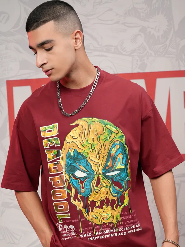 Marvel By Highlander Men Maroon Deadpool Printed Round Neck Oversized Fit T-Shirt