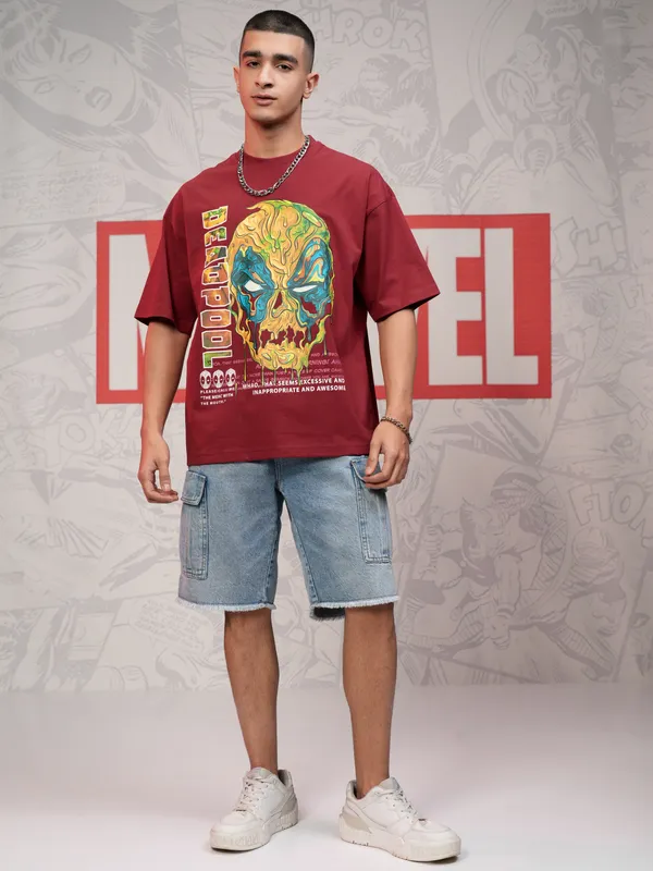 Marvel By Highlander Men Maroon Deadpool Printed Round Neck Oversized Fit T-Shirt