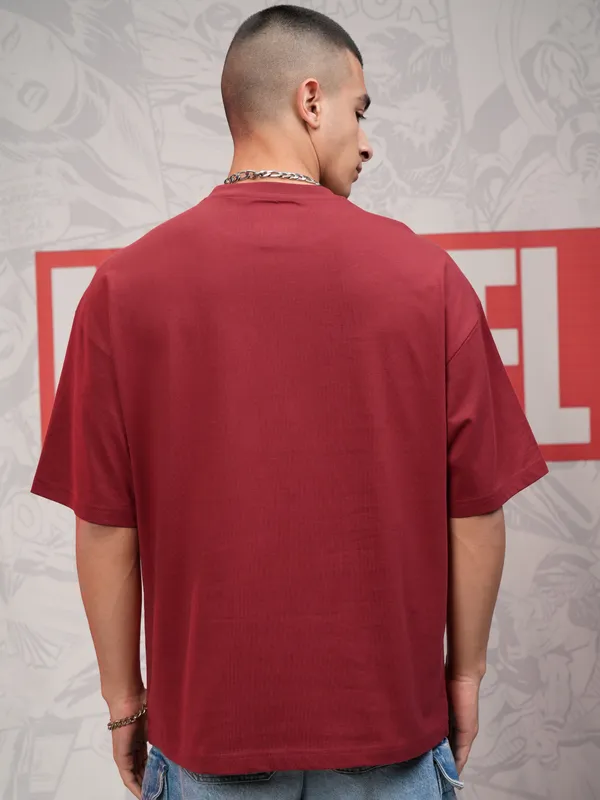 Marvel By Highlander Men Maroon Deadpool Printed Round Neck Oversized Fit T-Shirt