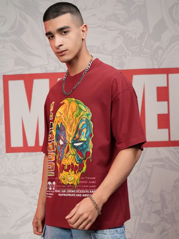 Marvel By Highlander Men Maroon Deadpool Printed Round Neck Oversized Fit T-Shirt