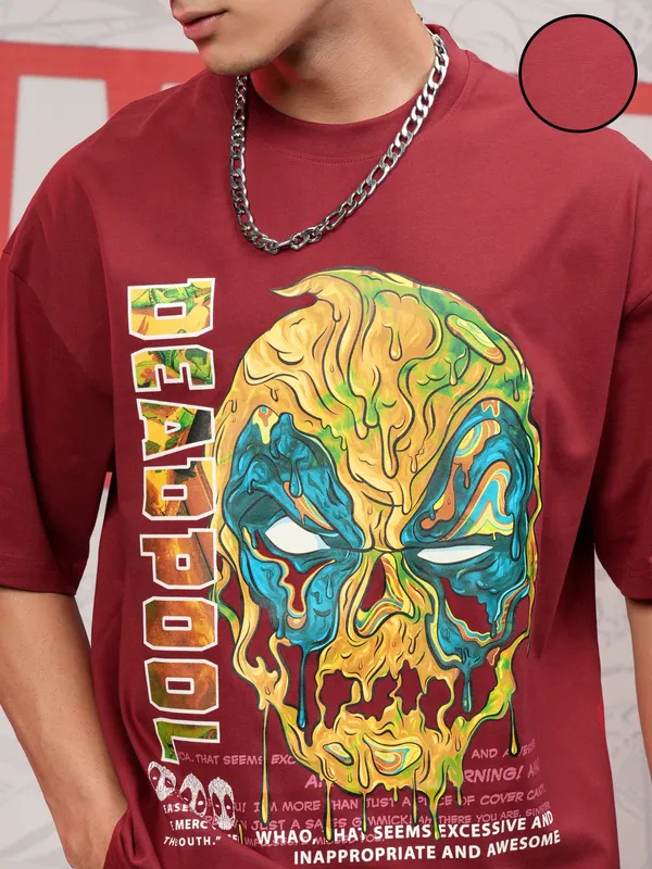 Marvel By Highlander Men Maroon Deadpool Printed Round Neck Oversized Fit T-Shirt