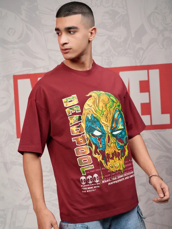Marvel By Highlander Men Maroon Deadpool Printed Round Neck Oversized Fit T-Shirt