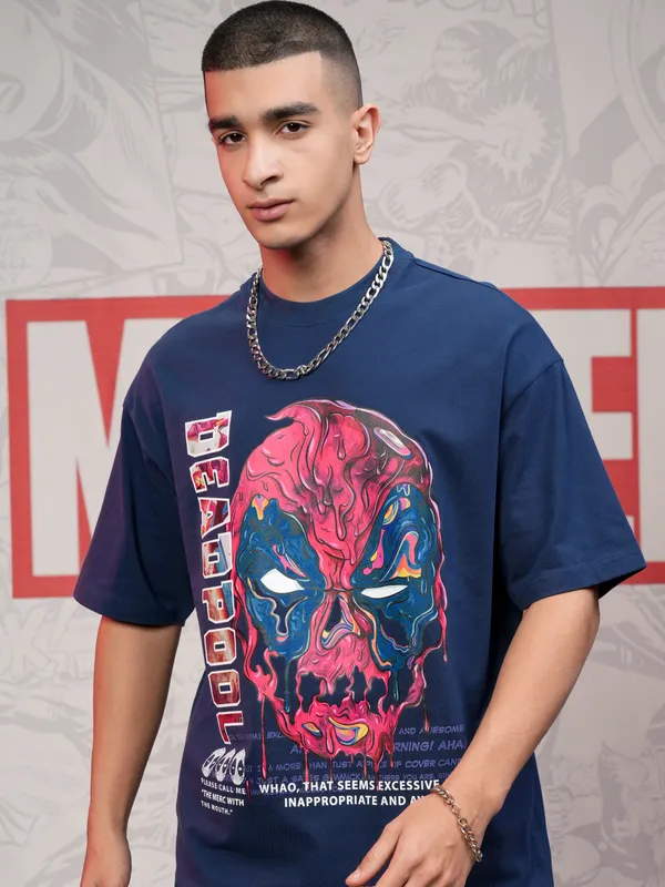 Marvel By Highlander Men Navy Blue Deadpool Printed Round Neck Oversized Fit T-Shirt