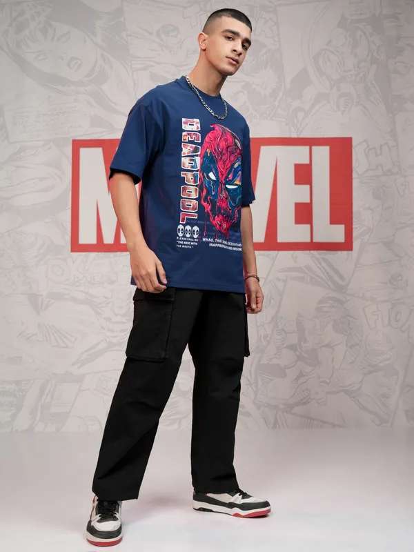 Marvel By Highlander Men Navy Blue Deadpool Printed Round Neck Oversized Fit T-Shirt