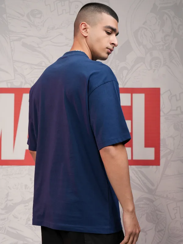 Marvel By Highlander Men Navy Blue Deadpool Printed Round Neck Oversized Fit T-Shirt