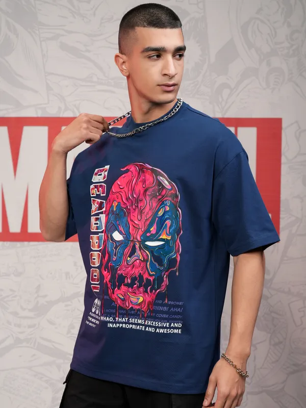 Marvel By Highlander Men Navy Blue Deadpool Printed Round Neck Oversized Fit T-Shirt