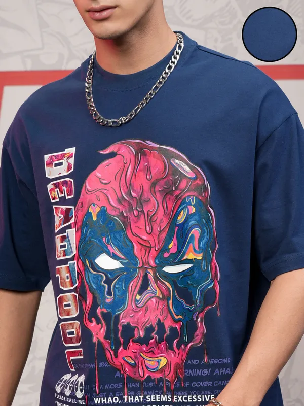 Marvel By Highlander Men Navy Blue Deadpool Printed Round Neck Oversized Fit T-Shirt